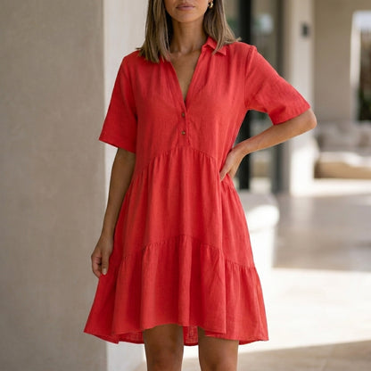 Relaxed Tiered Shirt Dress with Lapel Collar and Button Front