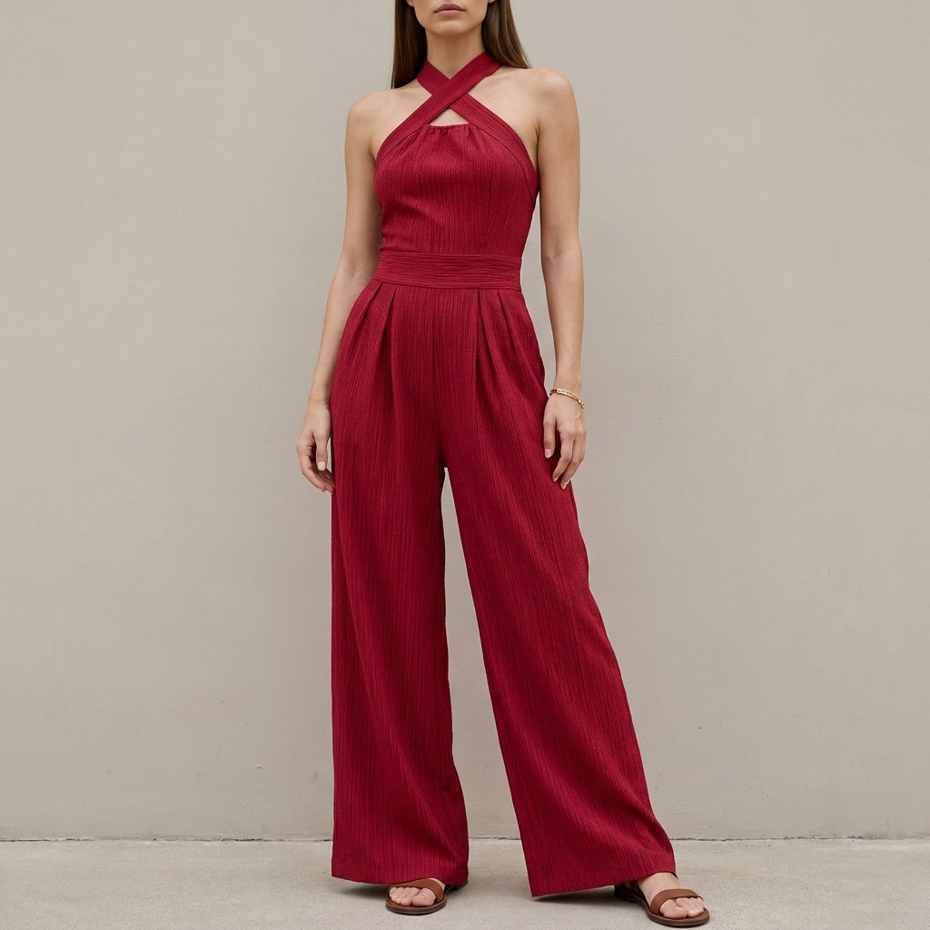 Elegant Cross Halter Wide Leg Jumpsuit