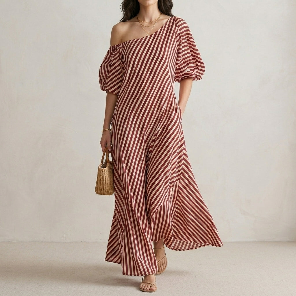 Striped One-Shoulder Maxi Dress with Relaxed Coastal Flow Silhouette