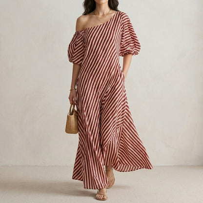 Striped One-Shoulder Maxi Dress with Relaxed Coastal Flow Silhouette