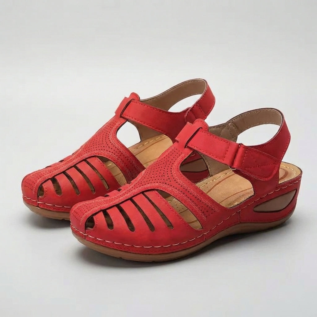 Refined Leather Wedge Sandals with Perforated Cut-Outs and Ankle Strap