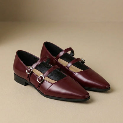Structured Pointed-Toe Flats with Dual Buckle Straps and Low Heel