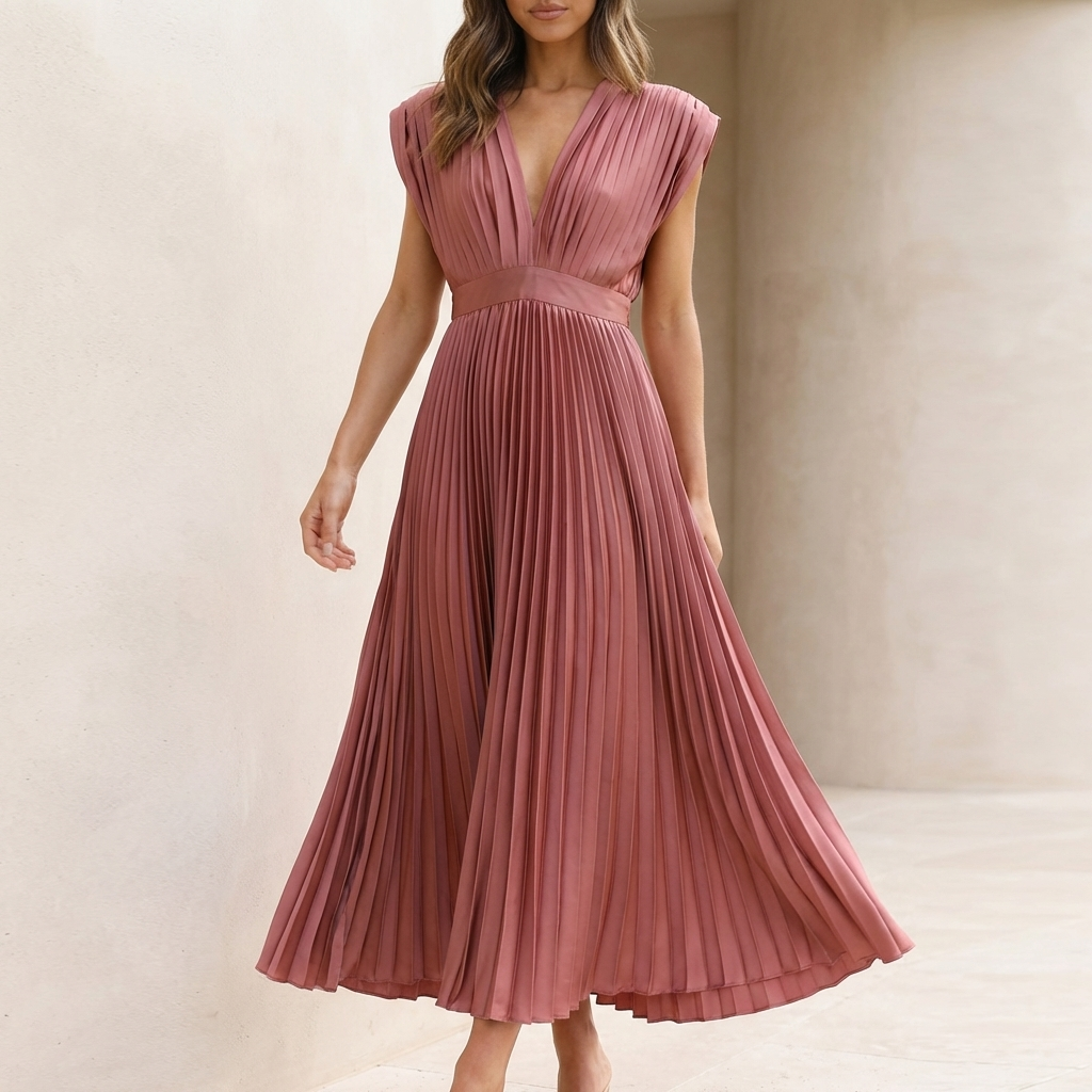 Flowing Pleated Maxi Dress with Defined Waist and V-Neck