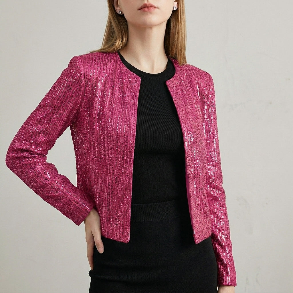 Tailored Cropped Sequined Cardigan Jacket with Structured Silhouette