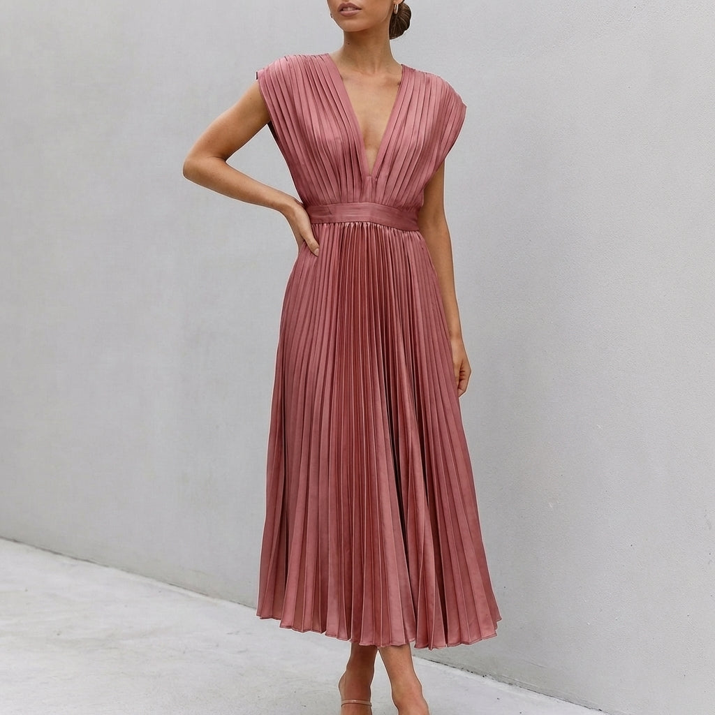 Alaina Midi Dress with Draped Bodice and Defined Waist