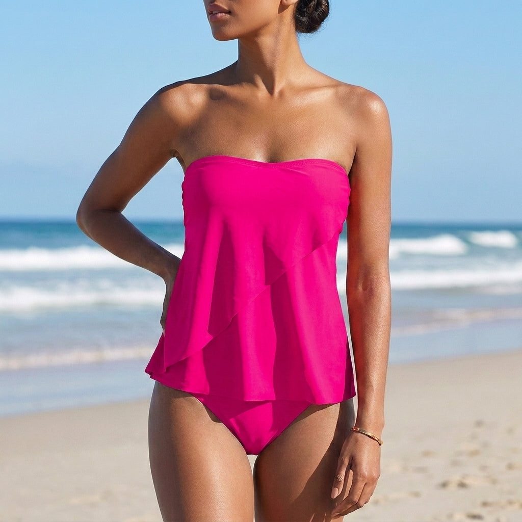 Strapless Layered Ruffle Tankini Set with Fitted Bottoms