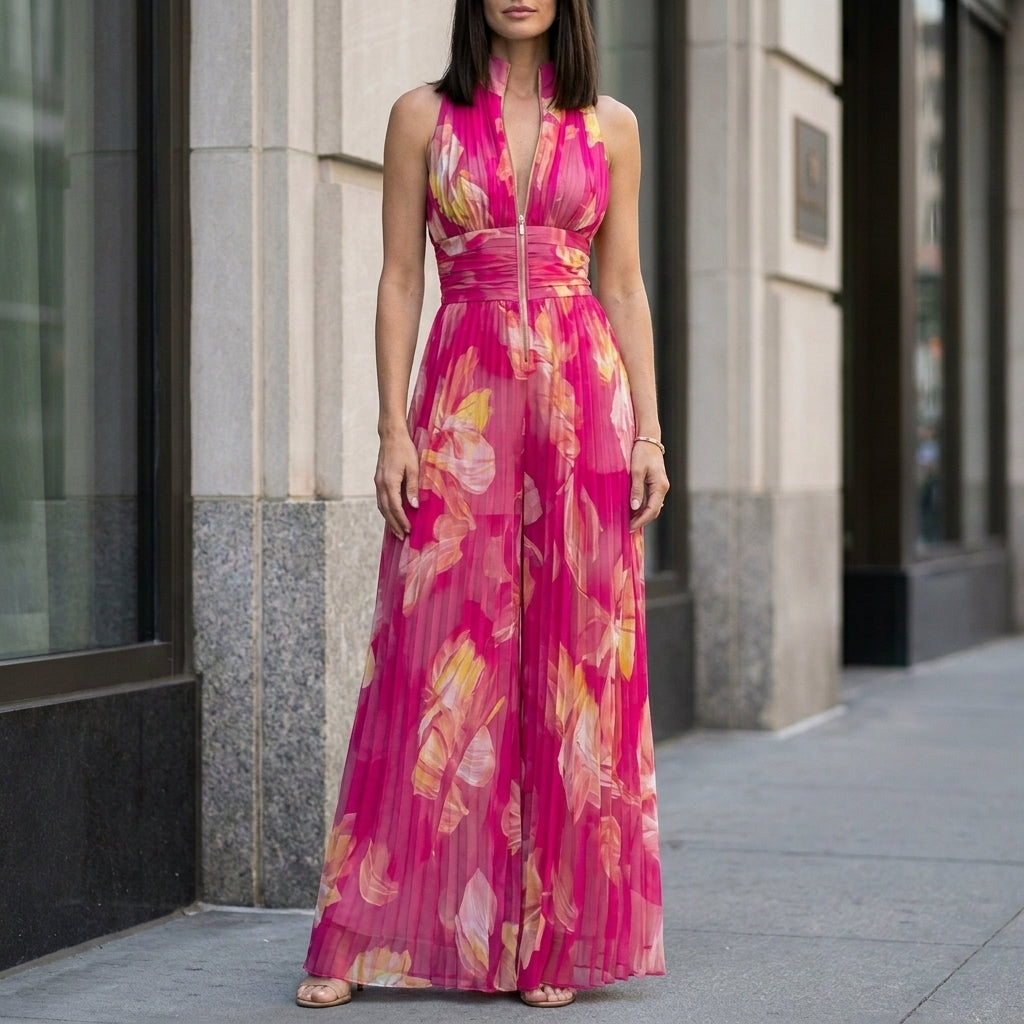 Pleated Halter Wide-Leg Jumpsuit for Effortless Evening Elegance