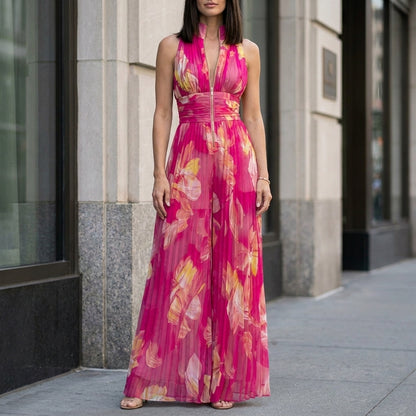 Pleated Halter Wide-Leg Jumpsuit for Effortless Evening Elegance