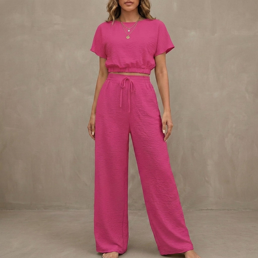 Coastal Breeze Textured Two-Piece Lounge Set with Wide-Leg Pants