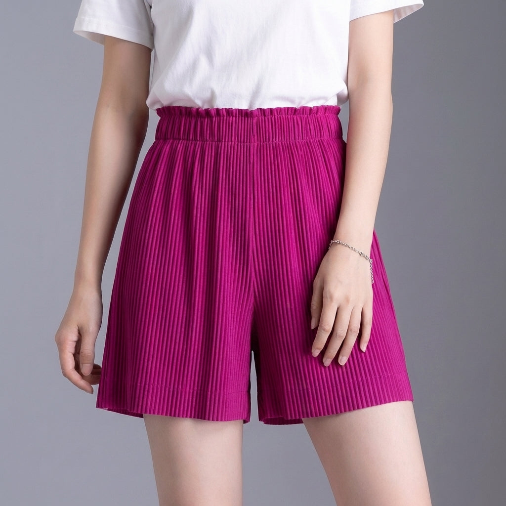 High-Waisted Wide-Leg Pleated Shorts with Ruffle-Trim Waistband