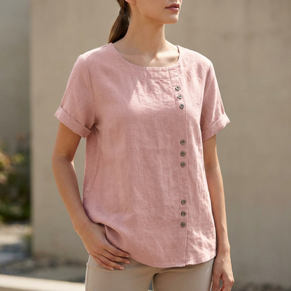 Relaxed Short Sleeve Blouse with Asymmetric Button Detail