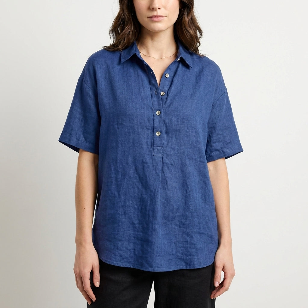 Relaxed Button Front Collared Short Sleeve Blouse