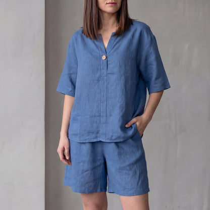 Oversized Woven Two-Piece Set with V-Neck Shirt and High-Waist Shorts