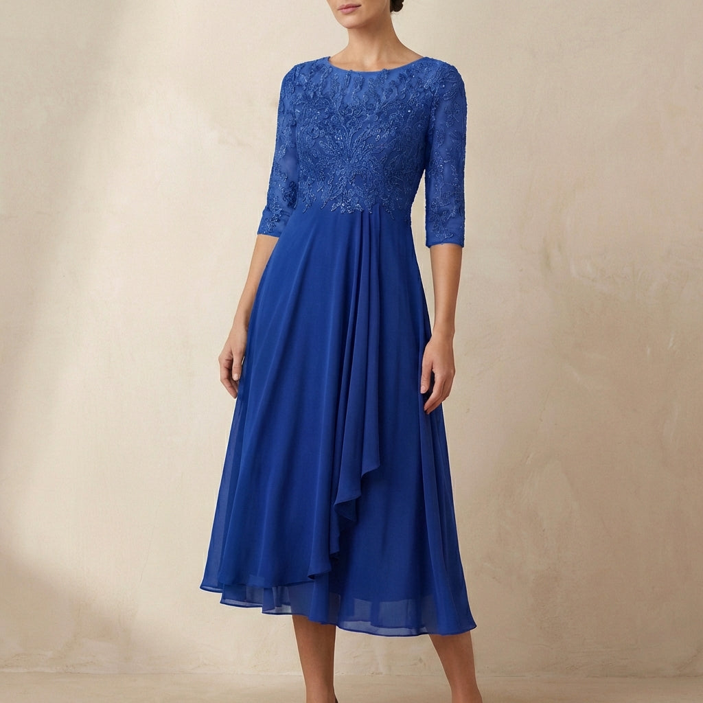 Embroidered A-Line Midi Dress with Sheer Sleeves and Pockets