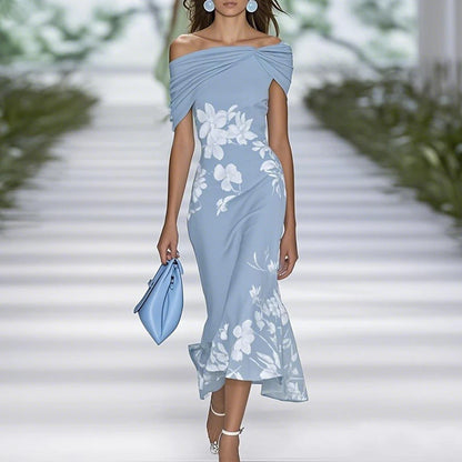 Fitted Off-Shoulder Mermaid Midi Dress with Draped Neckline and Floral Pattern