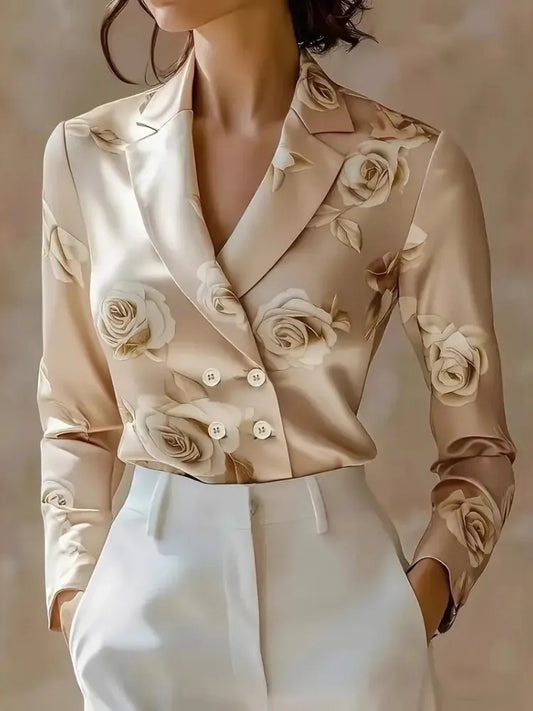 Tailored Satin Double-Breasted Blouse with Notched Lapels and Floral Print