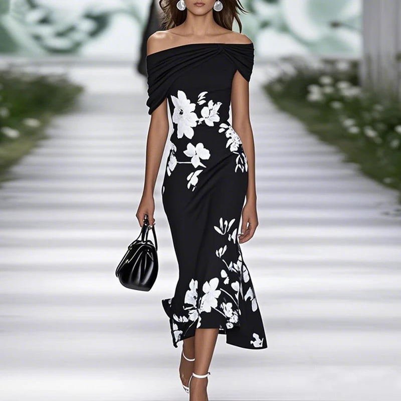 Fitted Off-Shoulder Mermaid Midi Dress with Draped Neckline and Floral Pattern