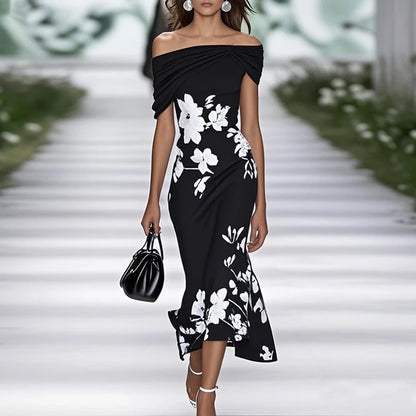 Fitted Off-Shoulder Mermaid Midi Dress with Draped Neckline and Floral Pattern