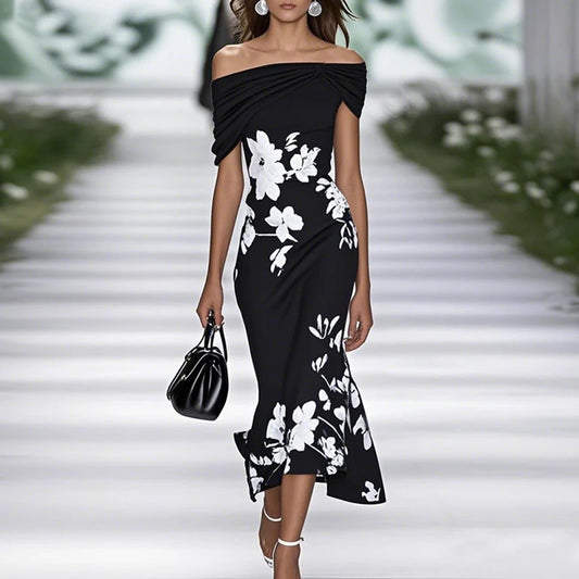 Fitted Off-Shoulder Mermaid Midi Dress with Draped Neckline and Floral Pattern
