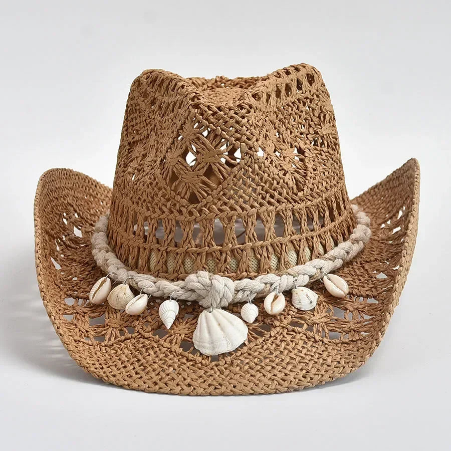 Structured Open-Knit Woven Cowboy Hat with Seashell Accents