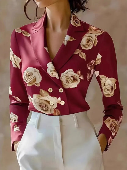 Tailored Satin Double-Breasted Blouse with Notched Lapels and Floral Print