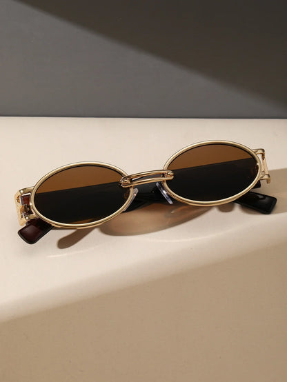 Retro-Inspired Oval Frame Sunglasses with Sculpted Metallic Accents
