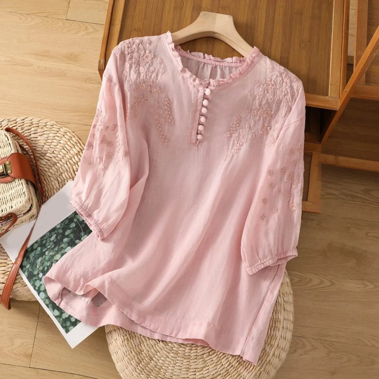 Relaxed Floral Embroidered Blouse with Ruffled Neckline and Gathered Sleeves