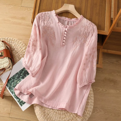 Relaxed Floral Embroidered Blouse with Ruffled Neckline and Gathered Sleeves