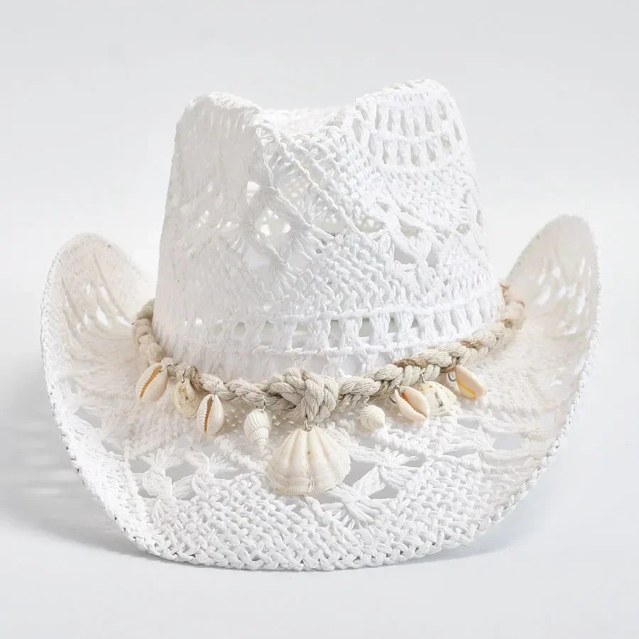 Structured Open-Knit Woven Cowboy Hat with Seashell Accents