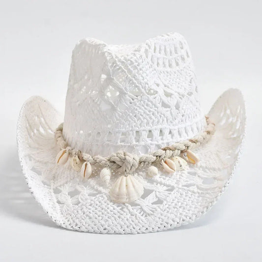 Structured Open-Knit Woven Cowboy Hat with Seashell Accents