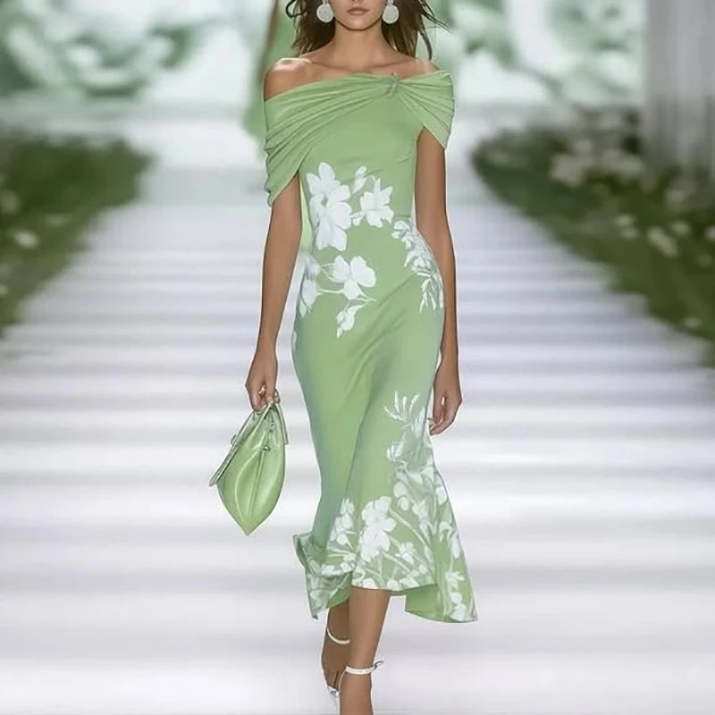 Fitted Off-Shoulder Mermaid Midi Dress with Draped Neckline and Floral Pattern