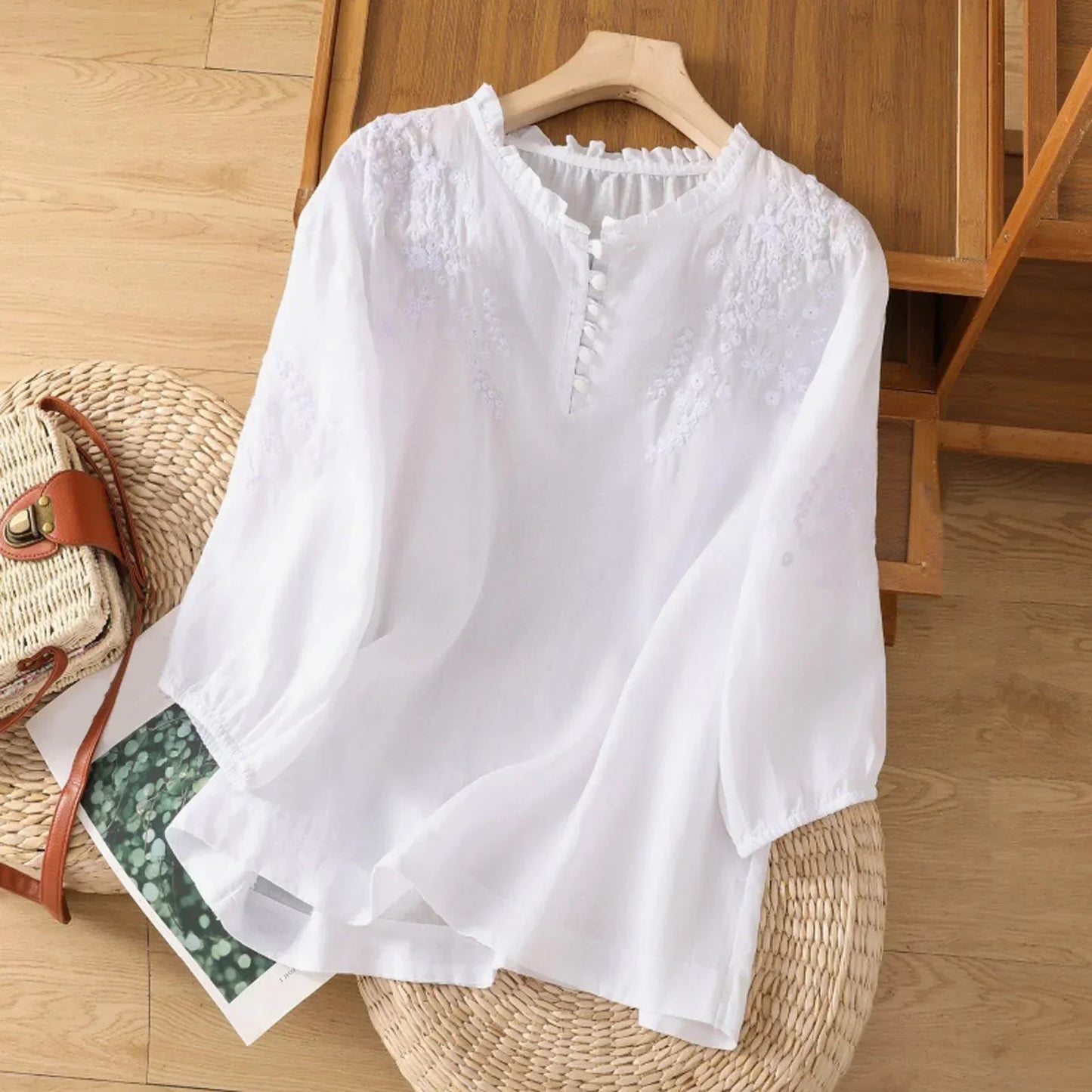 Relaxed Floral Embroidered Blouse with Ruffled Neckline and Gathered Sleeves