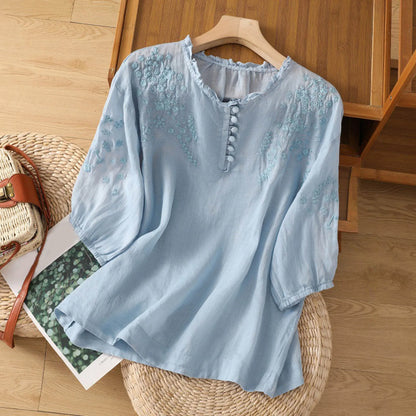 Relaxed Floral Embroidered Blouse with Ruffled Neckline and Gathered Sleeves