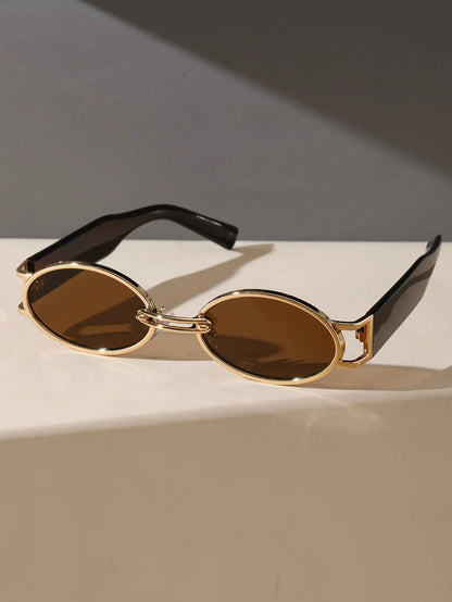 Retro-Inspired Oval Frame Sunglasses with Sculpted Metallic Accents