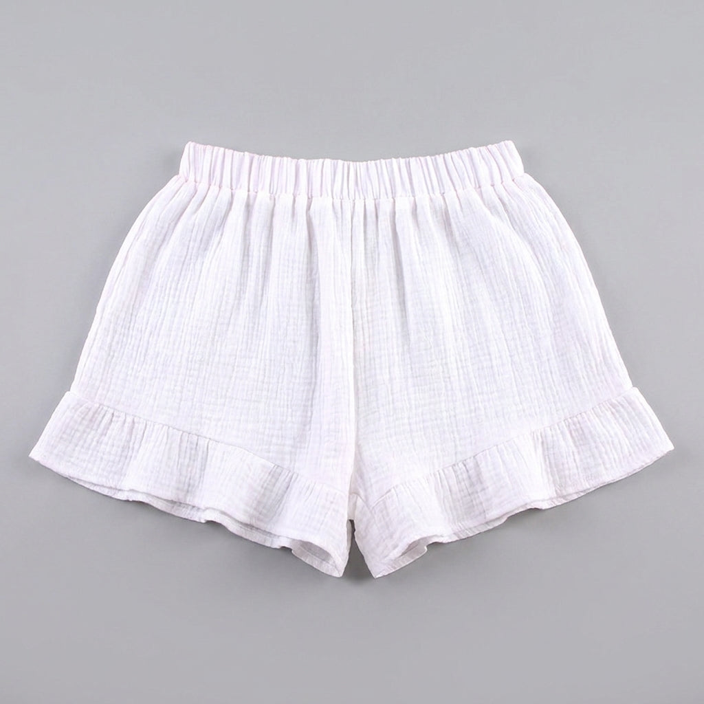 Airy White Kimono Two-Piece Set with Flowing Ruffle Shorts
