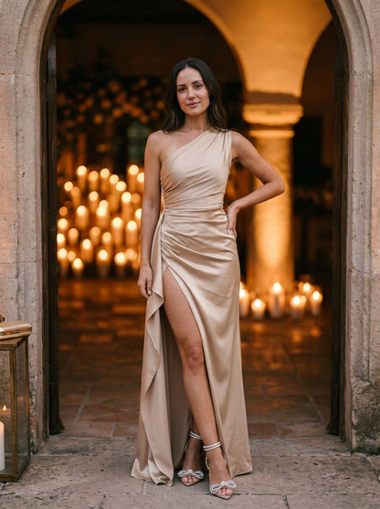 Elegant One-Shoulder Maxi Dress with Ruched Bodice and High Slit