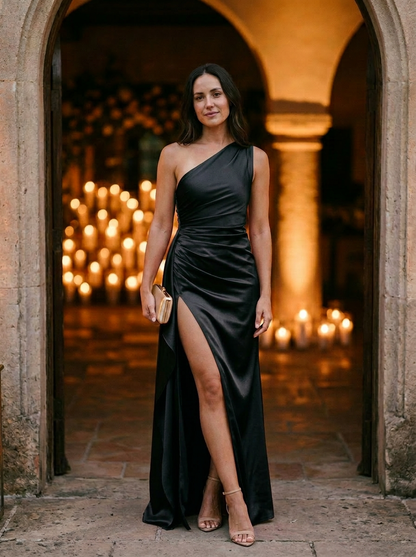 Elegant One-Shoulder Maxi Dress with Ruched Bodice and High Slit