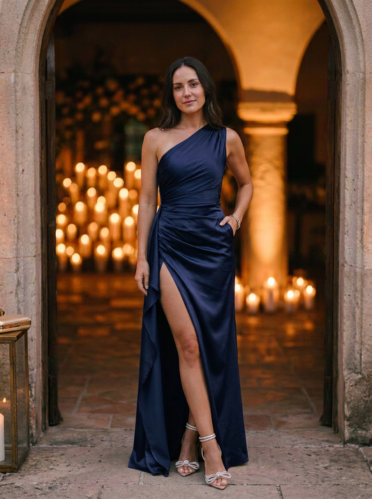 Elegant One-Shoulder Maxi Dress with Ruched Bodice and High Slit