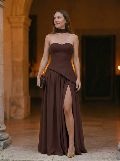 Elegant Strapless Maxi Gown with Draped Asymmetrical Silhouette and Choker Detail