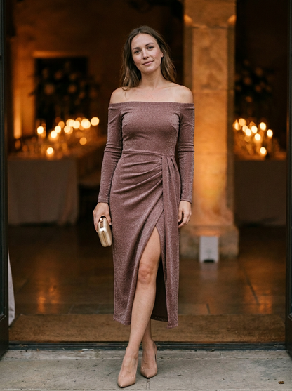 Sophisticated Off-Shoulder Ruched Glitter Knit Maxi Dress with High Slit