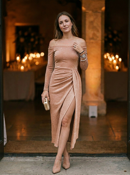 Sophisticated Off-Shoulder Ruched Glitter Knit Maxi Dress with High Slit