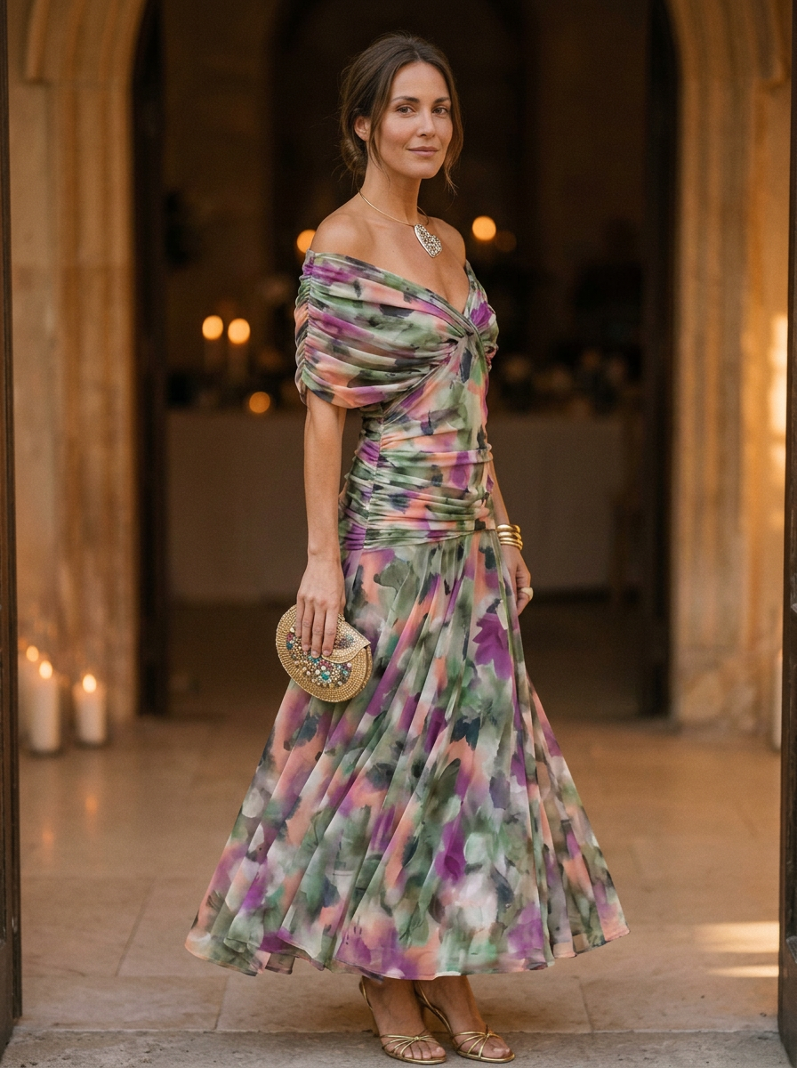 Elegant Off-Shoulder Pleated Midi Dress