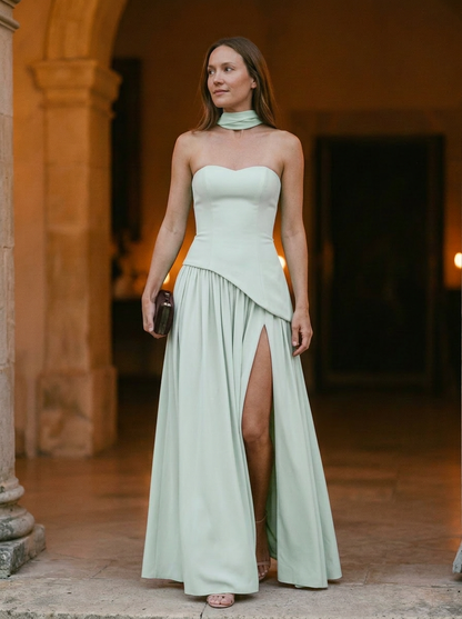 Elegant Strapless Maxi Gown with Draped Asymmetrical Silhouette and Choker Detail