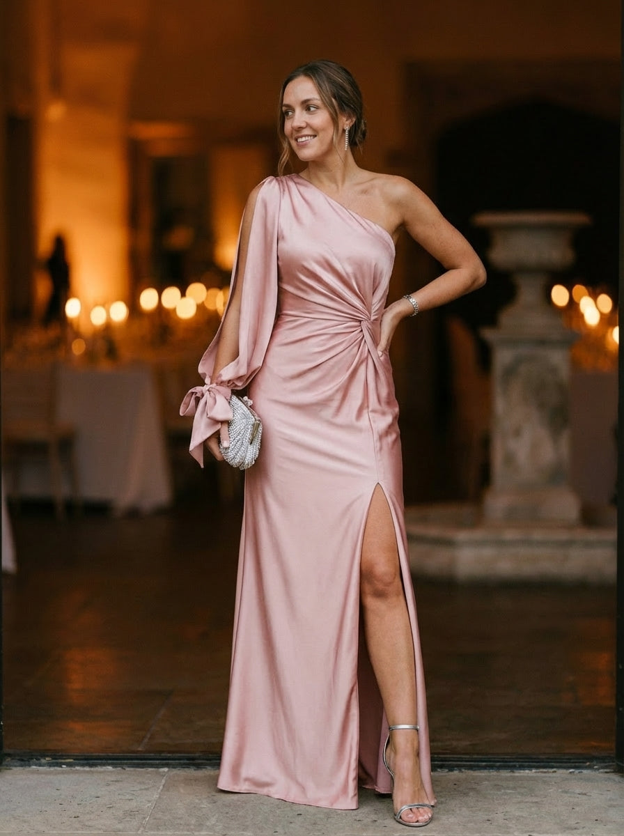 Olive One-Shoulder Ruched Maxi Dress with Asymmetrical Slit