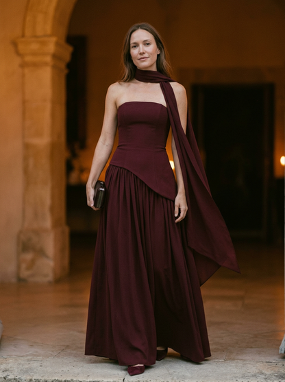 Elegant Strapless Maxi Gown with Draped Asymmetrical Silhouette and Choker Detail