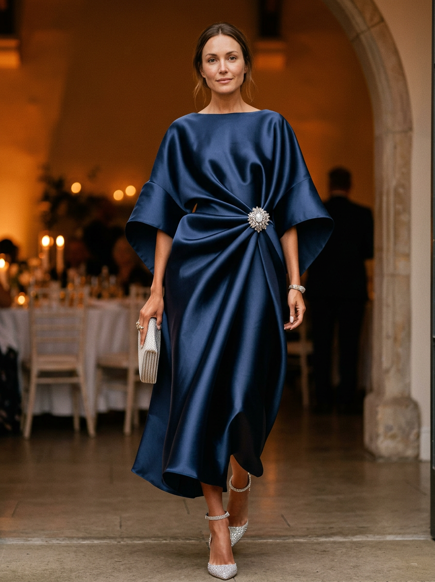Elegant Draped Midi Dress with Statement Floral Detail