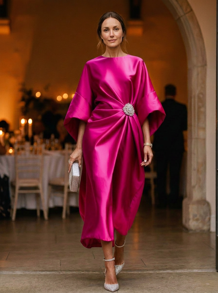 Elegant Draped Midi Dress with Statement Floral Detail