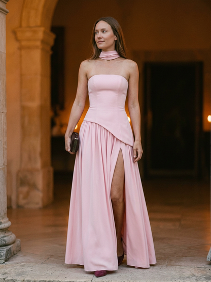 Elegant Strapless Maxi Gown with Draped Asymmetrical Silhouette and Choker Detail