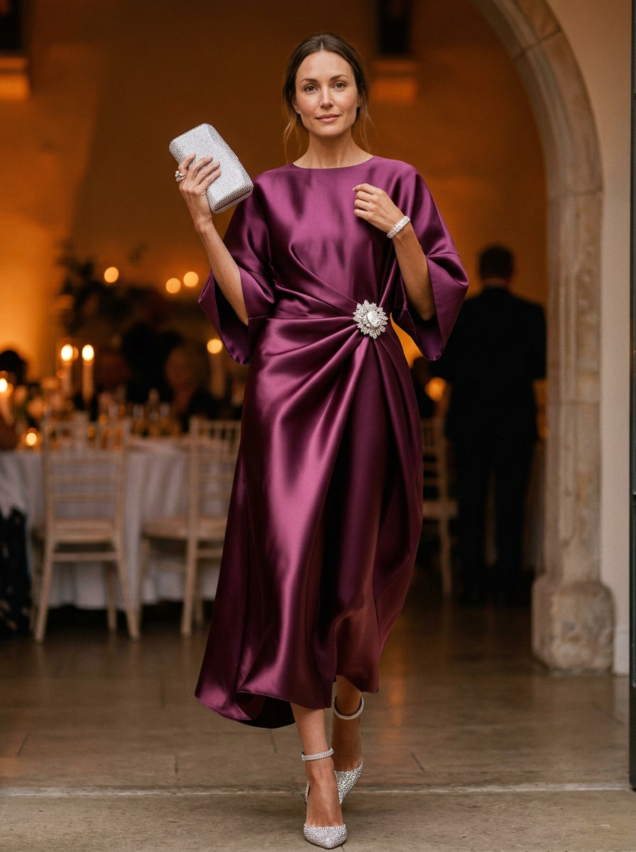 Elegant Draped Midi Dress with Statement Floral Detail