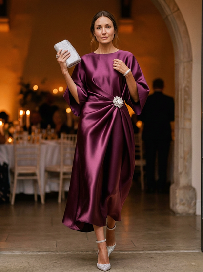 Elegant Draped Midi Dress with Statement Floral Detail